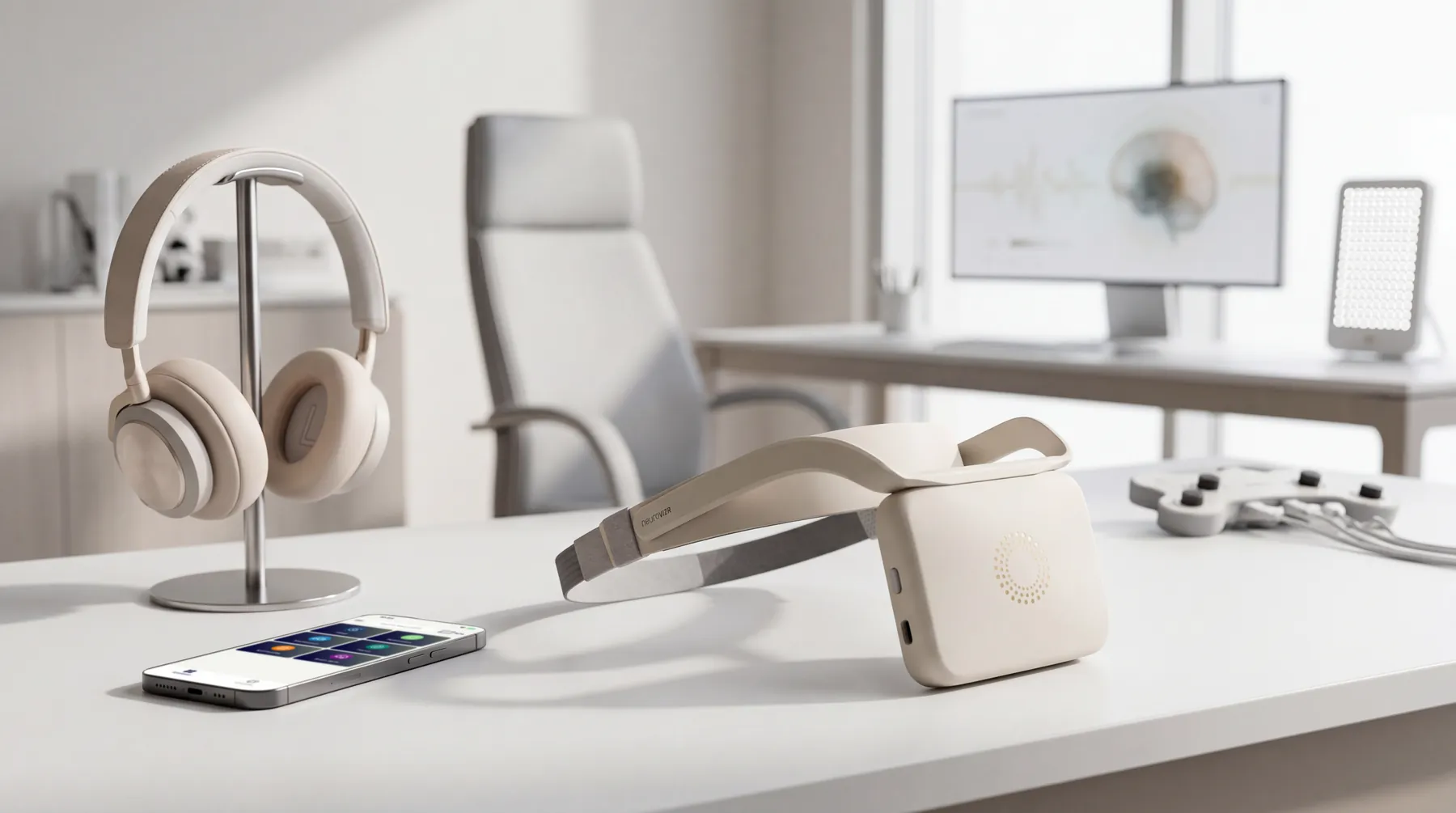 neuroVIZR in Ivory White mit Kopfhörern und Smartphone auf einem Schreibtisch